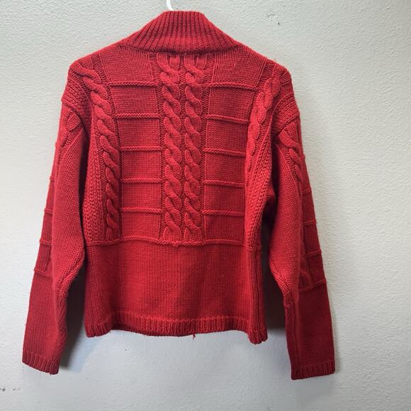 CARROLL REED Sweater 100% Wool Button Turtleneck Grandma Red Cable Knit Outdoors - Picture 5 of 6